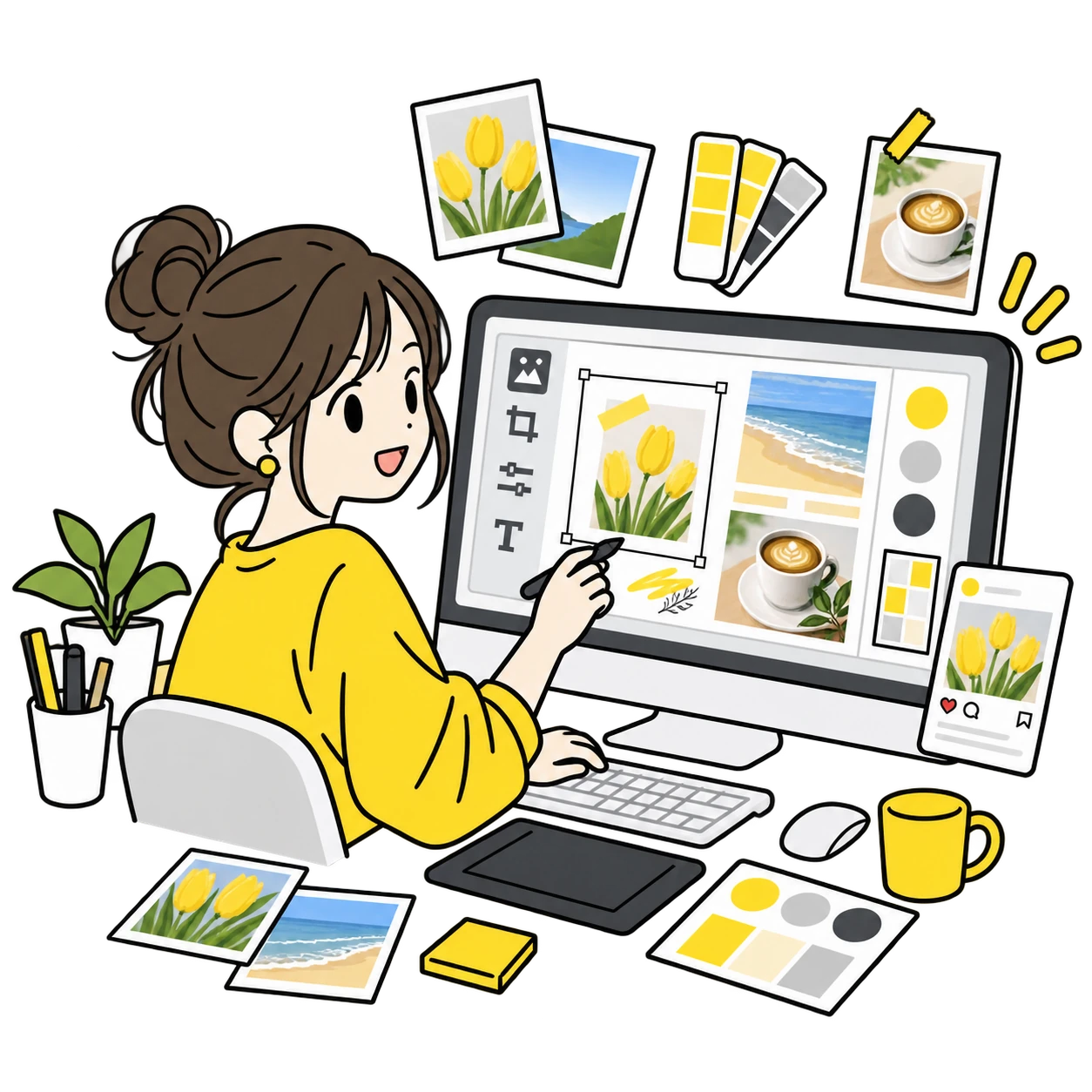画像編集に取り組むイラスト