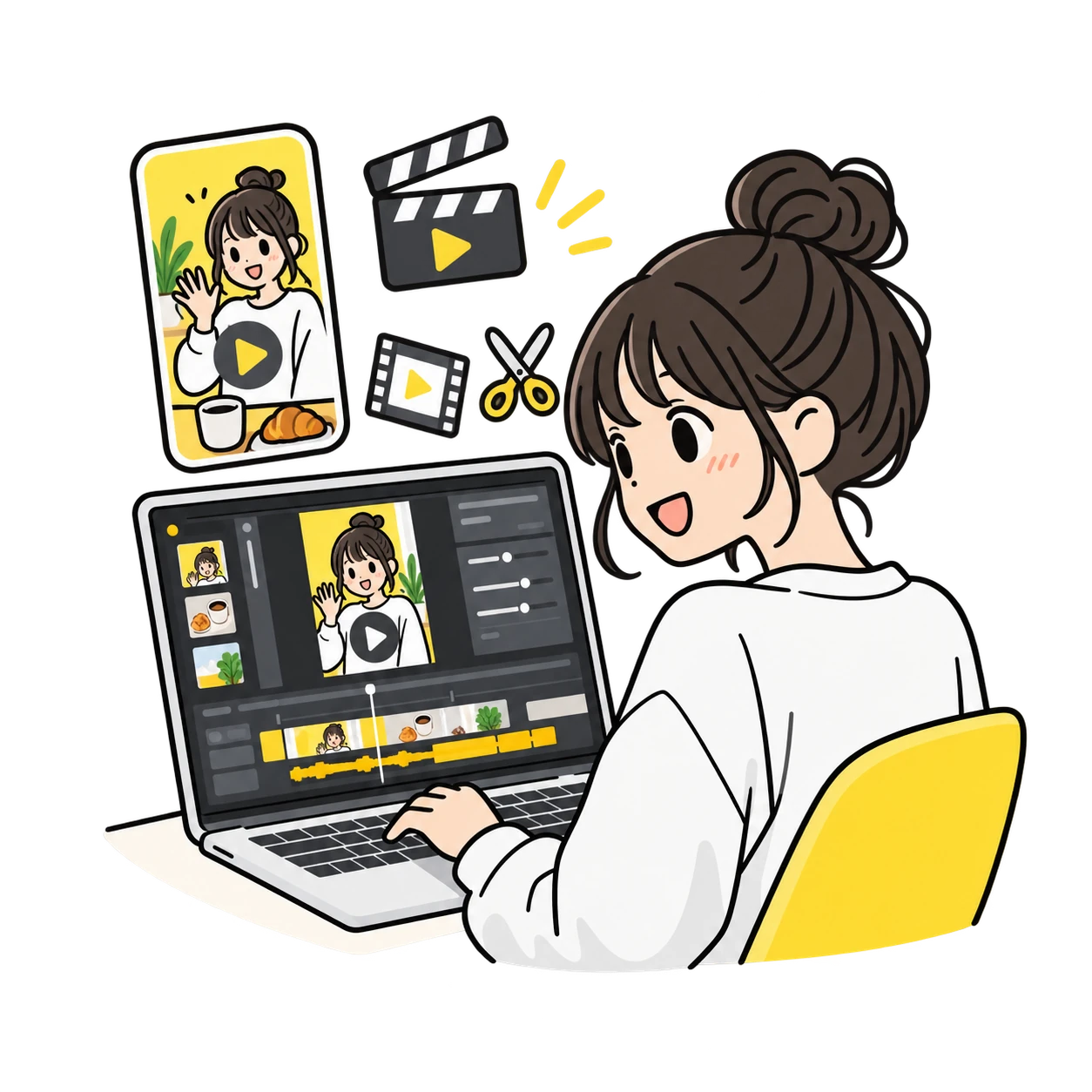 動画編集に取り組むイラスト