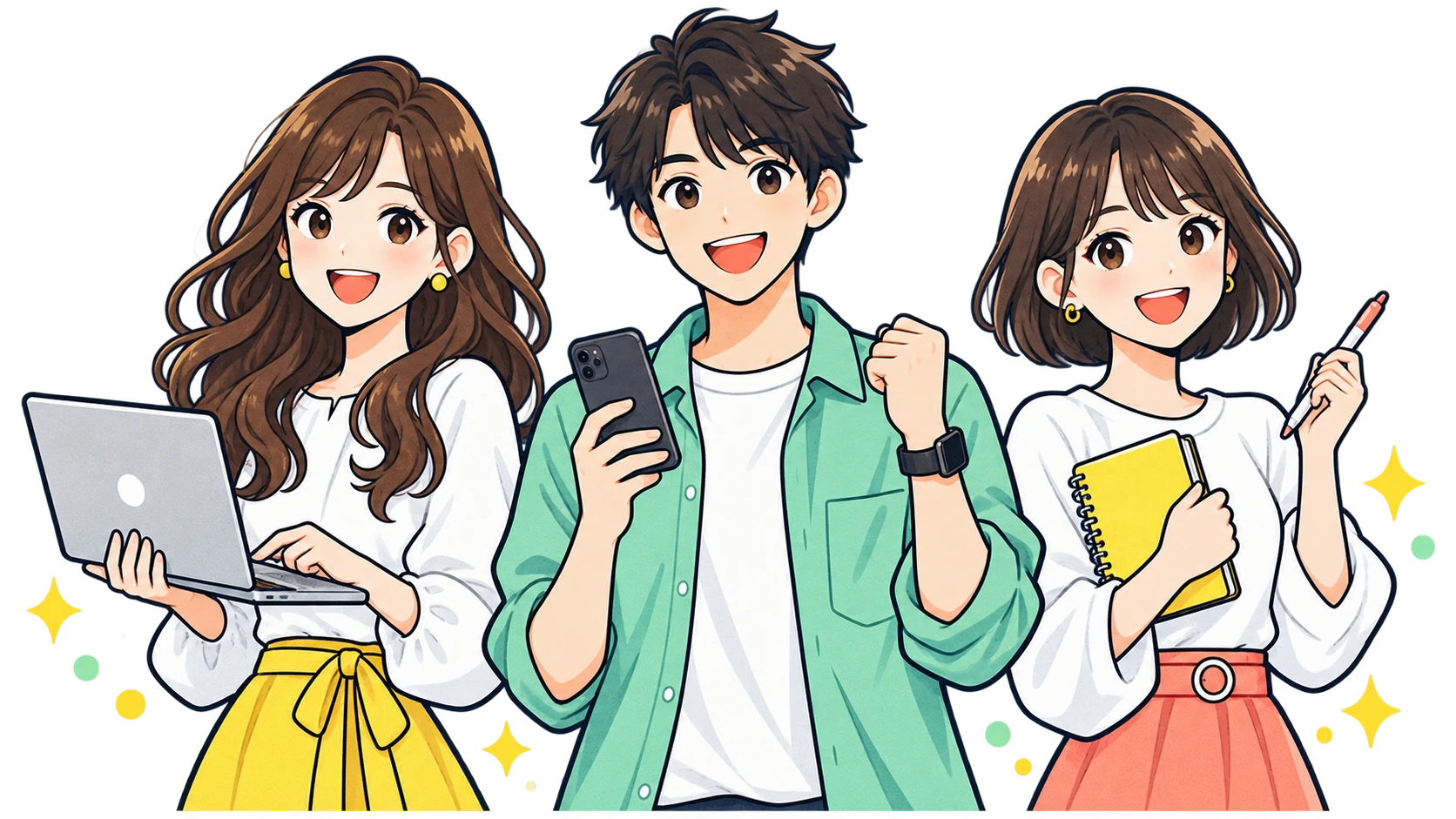 ノートパソコン、スマートフォン、ノートを持つ3人のイラスト